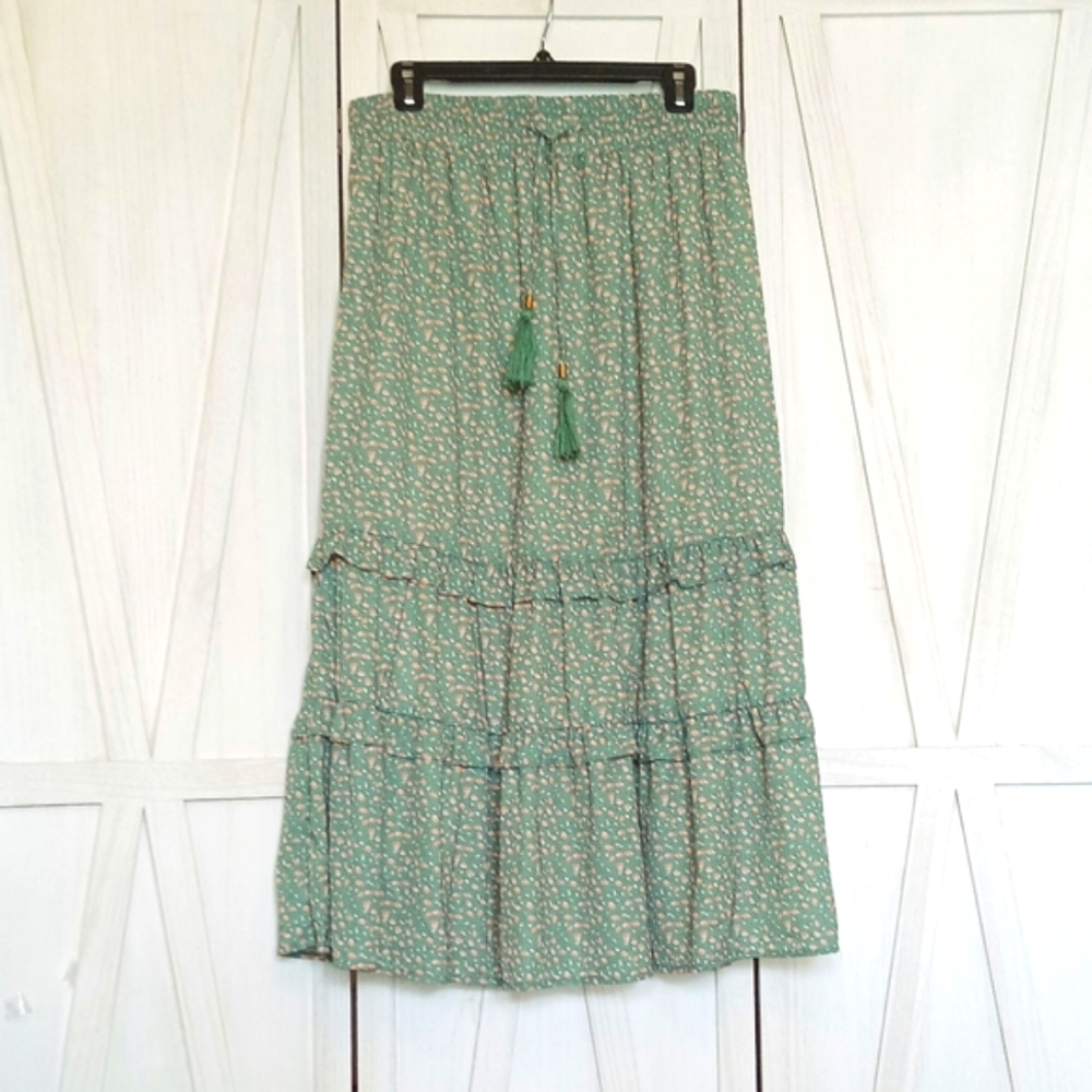 Roolee Green Floral Boho Tassel Maxi Skirt - L